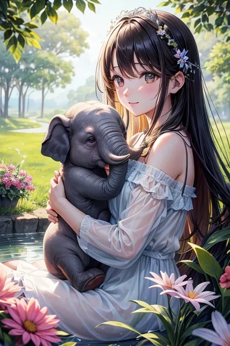 

"Imagine a meadow bathed in evening light, where vibrantly colored flowers sway gently in the warm breeze. En el centro del prado, a mother elephant cradles her little elephant with her trunk, ambos con los ojos cerrados en un gesto de pura serenidad y a...