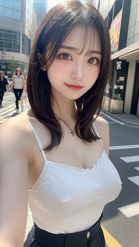 In detail, High resolution, high quality、Perfect dynamic composition, Beautiful fine details, Medium Hair、Beauty、Natural color lip,blue sky、noon、Shibuya Scramble Crossing、20-year-old girl、1 person、Clear Skin、Shiny Hair、 最high quality, Very detailed, In det...