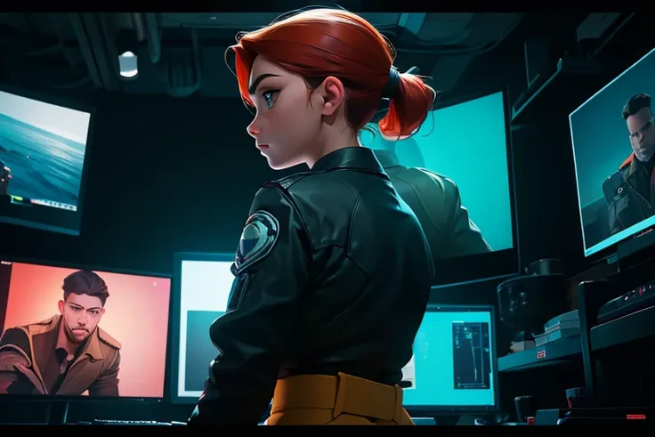 Masterpiece, raw, beautiful art, professional artist, 8k, 1boy, Wade (Kim Possibles tech guru), shot from behind, we dont see his face, we are in Wades secret control room, low light, he is watching several computer screens analyzing data, on one screen we...