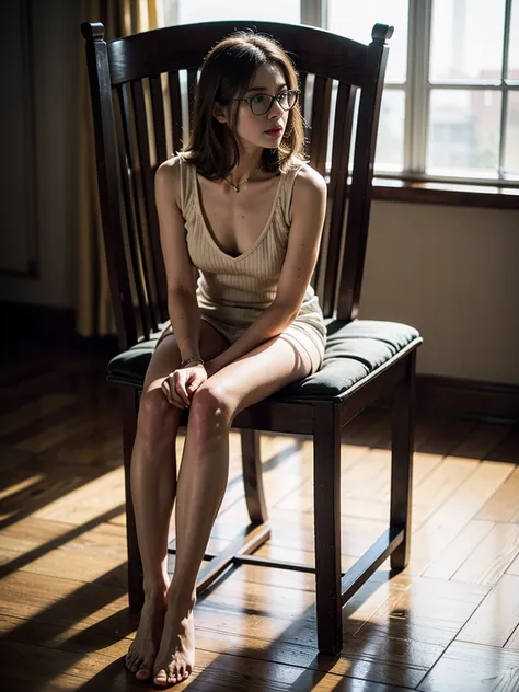 ((detailed eyes)), bare feet, full body in container, dirty woman chained to a chair, white torn stockings, broken glasses, woma...