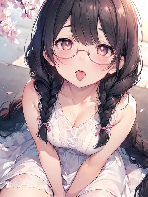 Very detailed, highest quality, High resolution, Moe Anime, ((A cute girl with black hair and droopy eyes leans forward)), ((Wearing large round glasses:1.4)), (Baby Face), Cute eyes, Detailed eye depiction, Sparkle in the eyes, View your viewers, Pale ski...