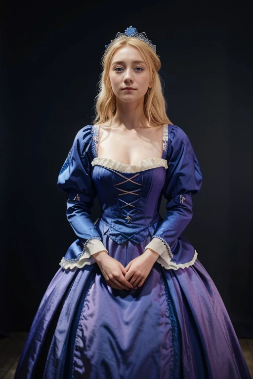 blonde Frau mit klaren blauen Augen, wears a delicate crown, 20 Jahre, Saoirse Ronan, mit Juwelen, Full body, in a dark pink Regency dress with sleeves, Englische Prinzessin, Happy, 1814, Ball