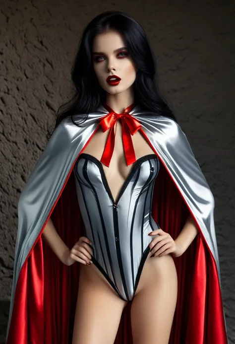 Vampyfangs , (RAW photo, best quality, masterpiece, ultra-detailed, high res), (realistic),(extremely delicate and beautiful:1), mesmerizing picture of beautiful girl with long black hair , wearing a long silver and red lined satin cape tied at the neck wi...