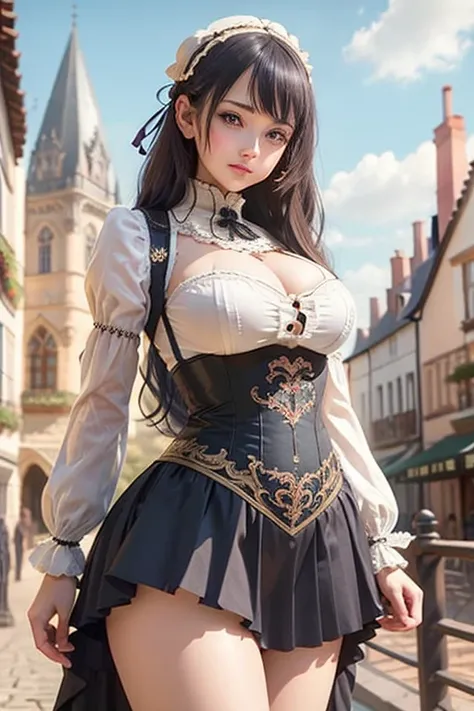 beautiful young woman, big breasts, small waist, big hips, European view (A European view), in an intricate, Victorian outfit