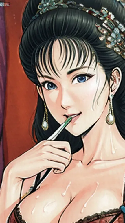 (best quality), (very aesthetic), (ultra-detailed), (best illustration),NSFW,a mature female,Perfect Face,Suikoden,Mrs. Lin,(full_body),big breast,red cheek,Sweating,skinny, chinese traditional lingerie,chinese traditional style bed,White semen is stuck to...