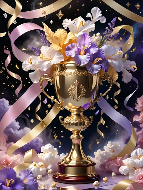 (((gold trophy:1.3)))，(((trophy decoration effect:1.3)))，(((wear ribbons:1.3)))，eternal fantasy style，dizziness symbol，iris，whit...