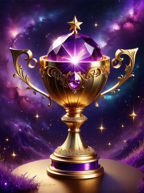 gold trophy close-up，glittery gold trophy, magical wish gold trophy, magic crystal, magic trophy inlaid with diamonds, purple gl...