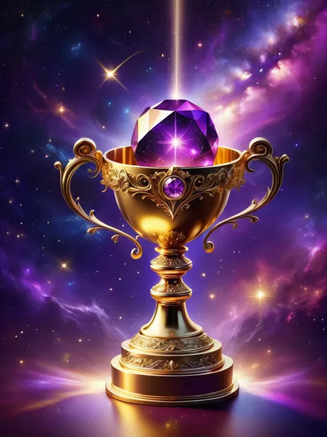 gold trophy close-up，glittery gold trophy, magical wish gold trophy, magic crystal, magic trophy inlaid with diamonds, purple gl...