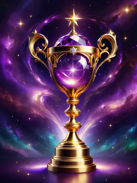 gold trophy close-up，glittery gold trophy, magical wish gold trophy, magic crystal, magic trophy inlaid with diamonds, purple gl...