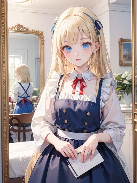 masterpiece, highest quality, Very detailed, 16k, Ultra-high resolution, Alice Through the Looking Glass, Fantasy, One 12-year-old girl, Detailed face、blue eyes, Blonde, Red ribbon on head, Blue Dress, White apron, A room full of mirrors