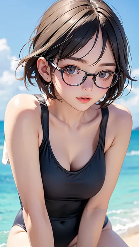 highest quality、Realistic、female、Japanese、zoom、cute、Gray Eyes、Chestnut Hair、Very Short Hair、One piece swimsuit、Glasses、Ocean、