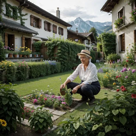 An old woman in tge Switzerland gardening