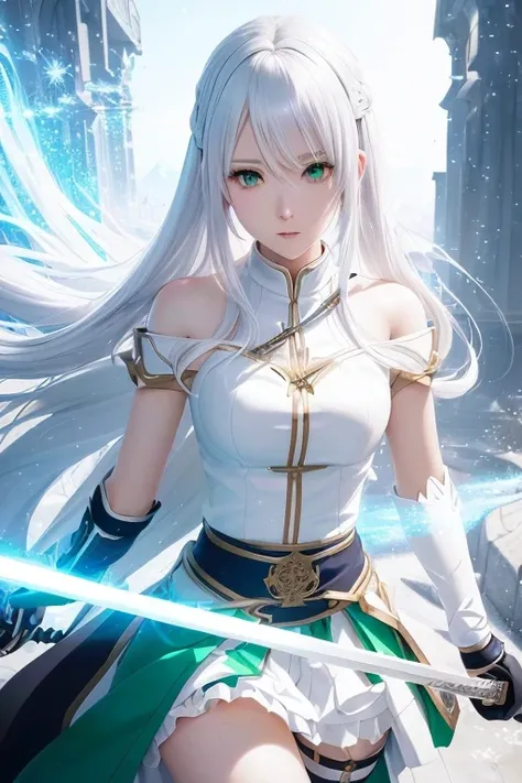 Anime girl with white hair and green eyes holding a sword, Detailed digital anime art, Anime Style 4k, White-haired God, anime art wallpaper 4k, anime art wallpaper 4k, Best Anime 4K Konachan Wallpaper, anime art wallpaper 8k, Detailed anime artwork, Detai...