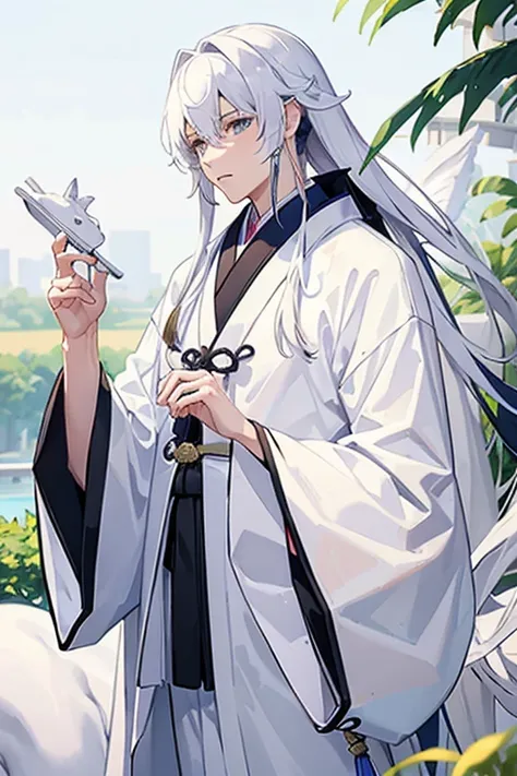 white horse　personification　male　Matouqin　kimono　Horse ears