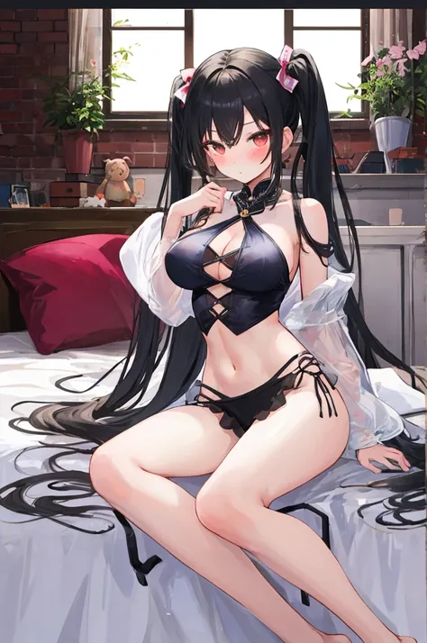 A girl，Sitting on the bed，There are a lot of stuffed animals，twintails，Long hair，Black Hair，((transparent))，Towering breasts，Flowing fabric，Slim waist，Showing belly，Smooth legs，blush，