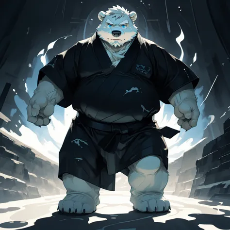 New Jersey 5 Furry，polar bear，Solitary，Chubby，Fat，Thick arms，Rugged muscles，White plush fur，Chubby脸，Black eyebrows，Sky blue eyes，（Beard），Dynamic Angle, (Dynamic poses), masterpiece,（Ink Style），（Ink Painting），(Black Kimono),（发光的Tai Chi图），打Tai Chi，Tai Chi，yi...