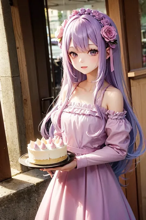 Pastel purple hair　Wavy Long Hair　Pink dress　flower　Celebrating with cake　beautiful
