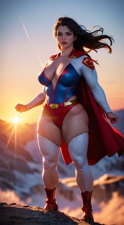 Superman (woman, Superman costume in white with red and gold details) от DC Comics, CGI with clear focus, Photorealistic, high detail, Realistic, Masterpiece, absurdress, Best Quality, HDR, hiquality, hight resolution, Extremely detailed, 8k wallpaper, int...