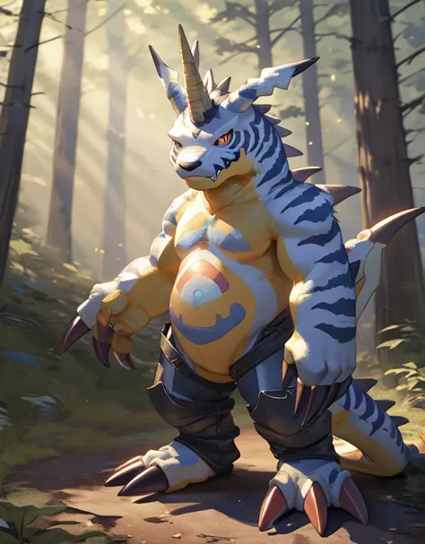 masterpiece, best quality, gabumon, solo, claws, creature, full body, red eyes, sharp teeth, single horn, solo, standing,  digimon (creature), looking at viewer, forest background 