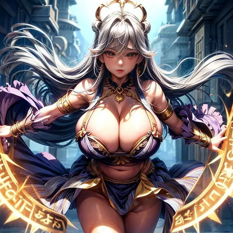 In the sky、Demon of Justice、Gray Hair、Belly Dance Cosplay、Camel Toe、Giant tit、Nipple Puffs、Cleavage、Plump、Super big breasts、Super big butt、Earrings、Earrings、necklace、Thick lips、Heterochromia、Bracelet、Caster wheel、first round、Hair Charm、Lip gloss、(Frilled S...