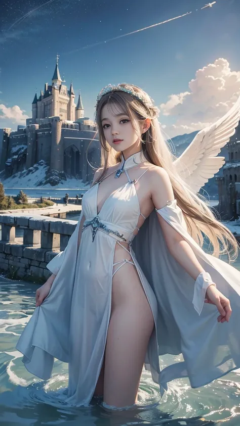 8K resolution，Angel，Halo on the head，float，Castle Background，White skin，，Asian，one person，Loli