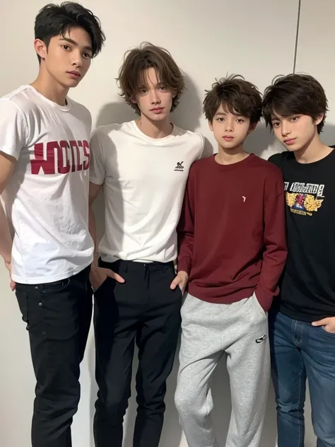 four boys in the photo, 17 y.o, comma hair, outfit