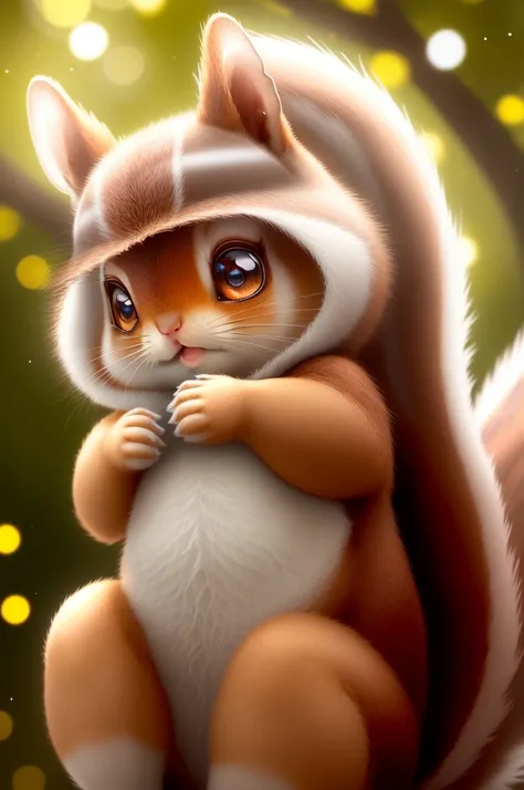 Squirrel、Cute and gentle、Big doll-like eyes、Supernatural、Another world、Ultra Detail、bright fur、Magic Lighting、trajectory、 Light dust、beautiful、Cinematic lighting、 Bokeh effect