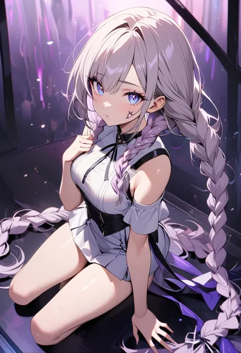 looking_at_viewer，beautiful girl，beautiful eyes，Exquisite facial features，Pretty face，Two very long braids，Purple and White Ombre Braids，Bangs，whole body，Sexy，Short skirt