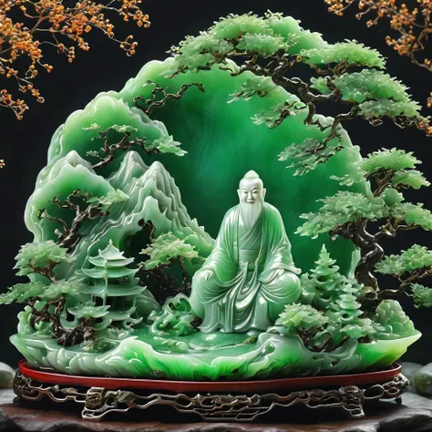 best quality, very good, 16k, ridiculous, extremely detailed, gorgeous mountain，monk，made of translucent jadeite, background gra...