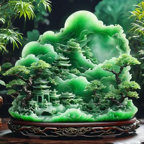 best quality, very good, 16k, ridiculous, extremely detailed, gorgeous mountain，monk，made of translucent jadeite, background gra...