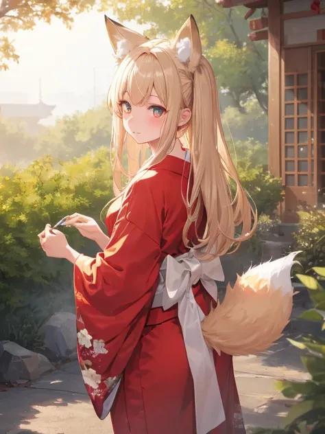 masterpiece, highest quality, Very detailed, 16k, Ultra-high resolution, Cowboy Shot, One 14-year-old girl, Detailed face, Perfect Fingers, Fox Ears, tail, Golden Eyes, Blonde, Long Hair, Red kimono, Japanese garden, Gravel road, Big Stone, Plants, take a ...