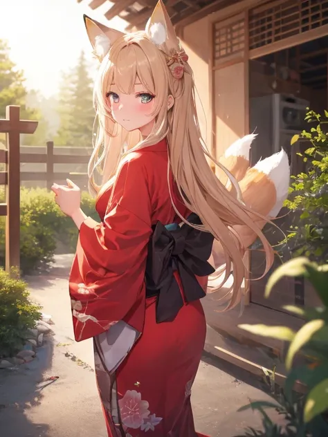 masterpiece, highest quality, Very detailed, 16k, Ultra-high resolution, Cowboy Shot, One 14-year-old girl, Detailed face, Perfect Fingers, Fox Ears, tail, Golden Eyes, Blonde, Long Hair, Red kimono, japanese mansion, Japanese garden, be covered by a fence...