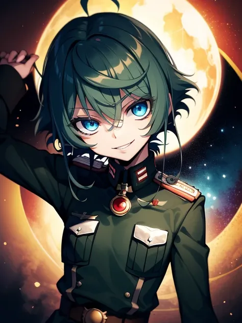 Degurechaff, military uniform, smile, teen, blue eyes, psychotic eyes, detailed face, vibrant colors, sharp focus, intense lighting, surrealistic atmosphere, wartime setting, magical elements