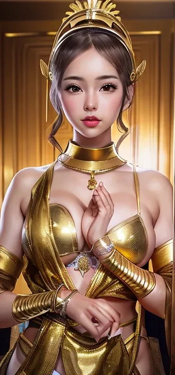 A girl cosplaying as the goddess Athena,sexy cosplayer girl、Sexy gold micro bikini with gold embellishments,Golden Sexy Micro Bikini Warrior,White skin,Perfect body,Light brown hair（big 、big 房、big Tits）（Cleavage exposure、Exposing the upper arm、Navel exposu...