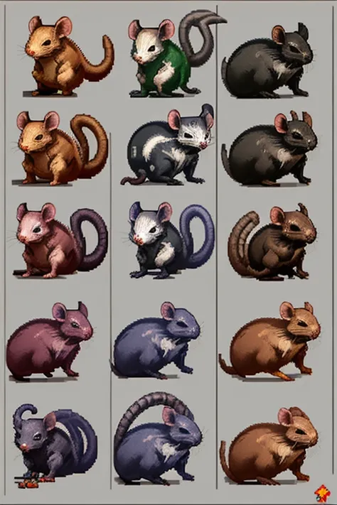 pixel art game style, pixel perfect with 32 colors, angled top-down view, character creation, game character sprite sheet, giant vermin, rat sprite sheet, rat view from all sides and angles