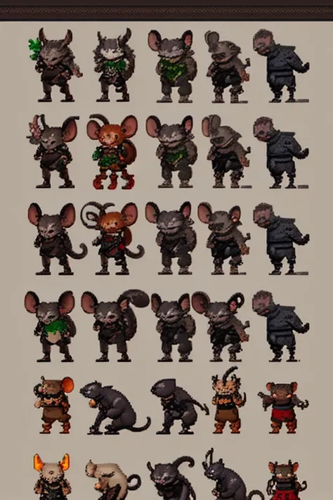 pixel art game style, pixel perfect with 32 colors, angled top-down view, character creation, game character sprite sheet, giant vermin, rat sprite sheet, rat view from all sides and angles