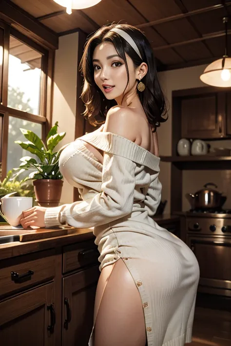 masterpiece, yor, 1girl, Amazing Cleavage:1.3, thin waist, big ass, Raised sexy, medium breast: 1.8 posed cleavage:1.2、solo, looking at viewer, open mouth, have a cup of coffee,black hair, red eyes, dress, bare shoulders, jewelry, collarbone, sidelocks, ha...