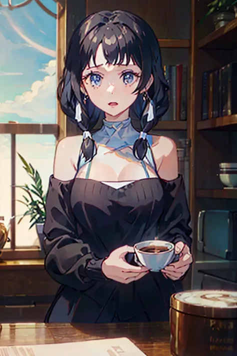 masterpiece, yor, 1girl, Amazing Cleavage:1.3, thin waist, big ass, Raised sexy, medium breast: 1.8 posed cleavage:1.2、solo, looking at viewer, open mouth, have a cup of coffee,black hair, red eyes, dress, bare shoulders, jewelry, collarbone, sidelocks, ha...