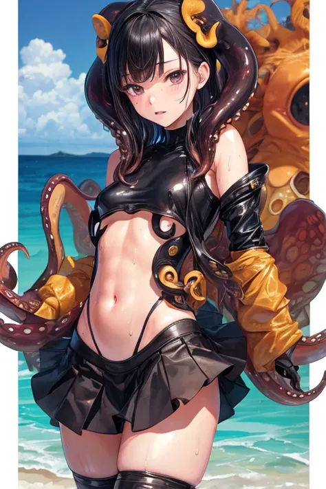 Browsing Caution,  (Best image quality,highest quality,Highest Resolution, Ultra-Realistic Images,Very detailed,masterpiece), nsfw, nude, girl 12old, restrained, tentacle, (((Sticky with sweat))), ((octopusの触手)), (((octopus))),((mini skirt, Bodysuits))(Hap...