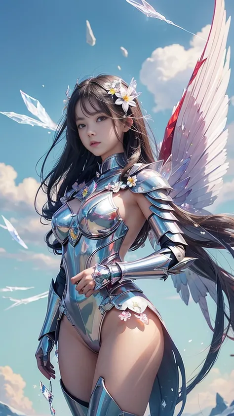 school_uniform,adorable_girl,fair_skin,cowboy_shot,huge filesize,wallpaper,colorful,scarlet_moon,mecha clothes, robot girl, sliver bodysuit,((sliver)) and (broken) body,((breeze)), flying splashes, flying petals, wind,(((gorgeous crystal armor))),(((crysta...