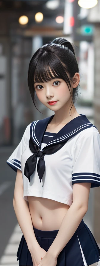 quality,Photo quality,ultra high resolution,professional lighting,,beautiful actress,thin face,Healthy complexion,Japanese,black hair,（short bangs),ponytail,(Japanese high school sailor suit:1.1),small breasts,natural makeup,navel,short sleeve,thin waist,