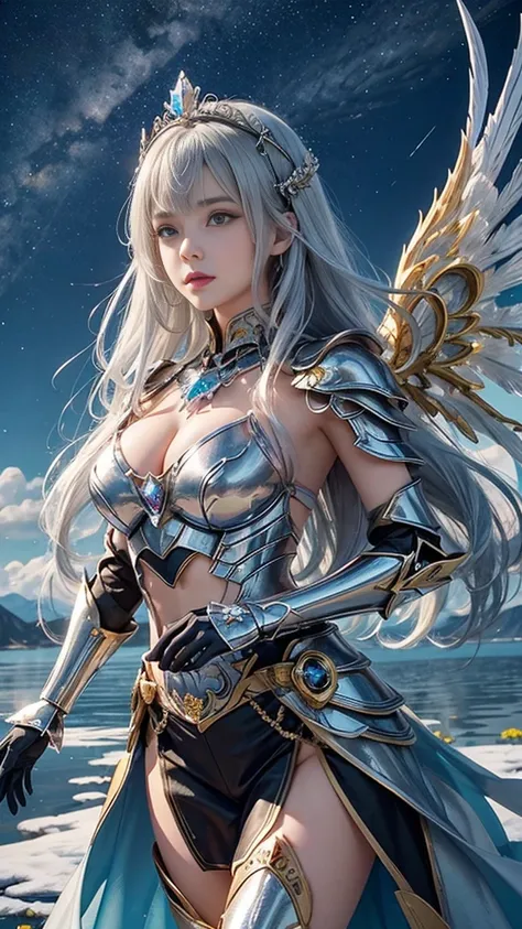 adorable_girl,fair_skin,cowboy_shot,huge filesize,wallpaper,colorful,(((gorgeous crystal armor))),(((crystal wings))),((altocumulus)),(clear_sky),(snow mountain),((flowery flowers)),(flowery bubbles),cloud map plane, crystal, crystal poppies,Brilliant ligh...