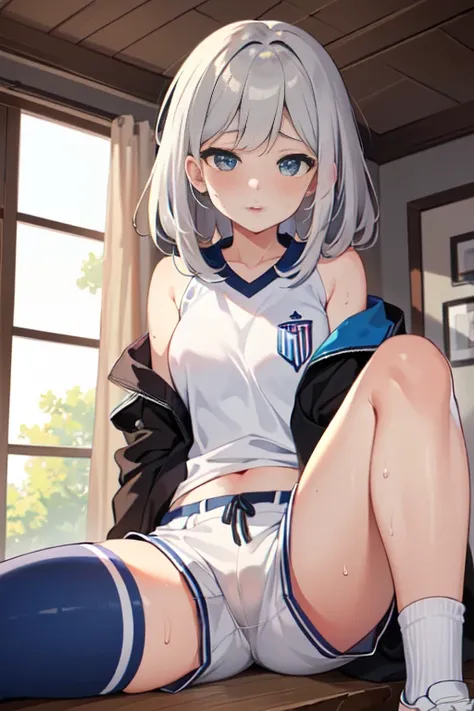 {(((Best quality)), ((tmasterpiece)), (Detailed pubic hair), Perfect face shape, American girl, sweaty, Gray hair, soccer ball, white straitjacket, white shorts, The large, The large, At home.)}