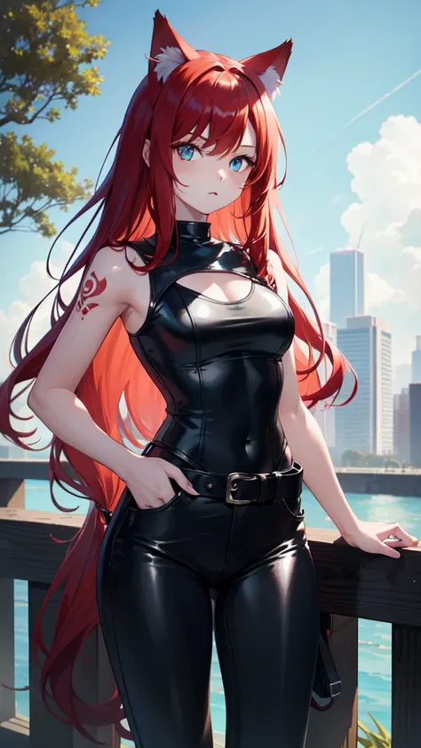 young girl, Long red hair, Cyan eyes, Cats ears, Black leather t-shirt, Sleeveless, Outdoor Hivot, Tatoo, neckline on the chest, breeches, Masterpiece, hiquality