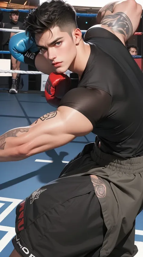 (best quality,4k,8k,highres,masterpiece:1.2),ultra-detailed,realistic,professional,(portraits,concept artists),vivid colors,sharp focus,HDR,studio lighting,(black hair:1.1),(black eyes:1.1), a man, muscualr,strong body,trained,boxing ((wearing half sleeve ...