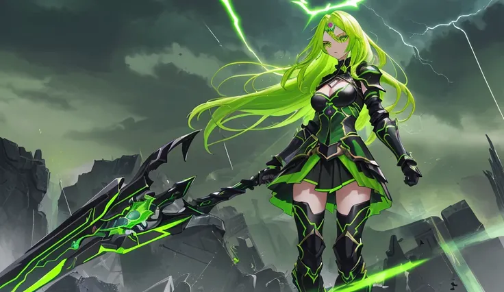 Green fluorescent long hair, golden forehead protector for women, black fluorescent armor, chest, cleavage, iron armor, skirt, iron boots, broadsword, whole body, dark clouds and lightning