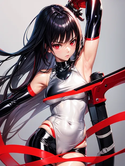 solo girl,Glossy metalic light silver tank top, tight latex shiny, Red interpolation color,Black hair bob,red eyes, camel toe, Samurai Sword,
Lift one leg,