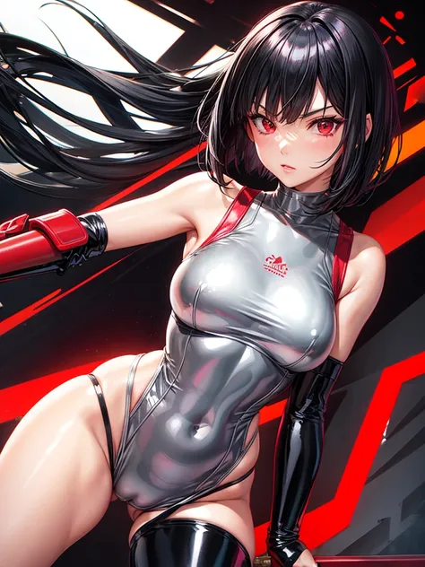 solo girl,Glossy metalic light silver tank top, tight latex shiny, Red interpolation color,Black hair bob,red eyes, camel toe, Samurai Sword,
Lift one leg,