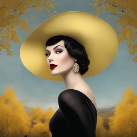 picture of a woman in a hat and red lipstick, digital art inspired by Ray Caesar, trends in cg society, digital art, digital art of an elegant, surreal black and yellow, smooth yellow eyes, glossy digital painting, stunning digital illustration, exquisite ...