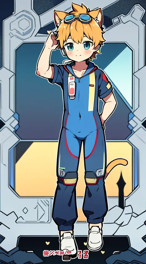 2D Boy Shota，One-piece mountaineering suit，Slim, healthy body，Put the headphones on your head，stand up，goggles，Cat ear，happy，Sailor collar，Lovely，Love，Short sleeve